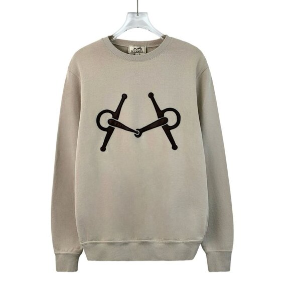 Hermes XS Khaki Horseshoe Buckle Patchwork Long-Sleeved Sweatshirt 100% Cotton R - Picture 1 of 7